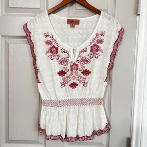 Agan Traders Cream Eyelet Red Floral Embroidered Boho Peasant Top Small Peasant